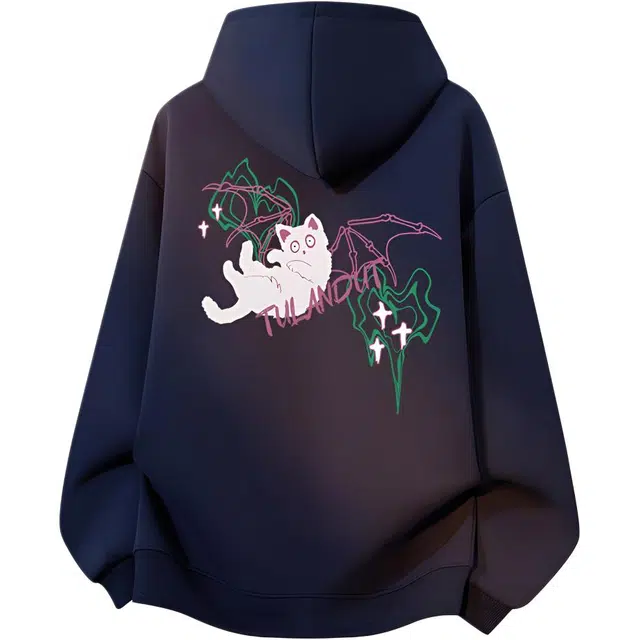 图兰朵 美式复古高街开衫舒适猫咪连帽衫时尚潮流百搭宽松休闲卫衣 男女同款