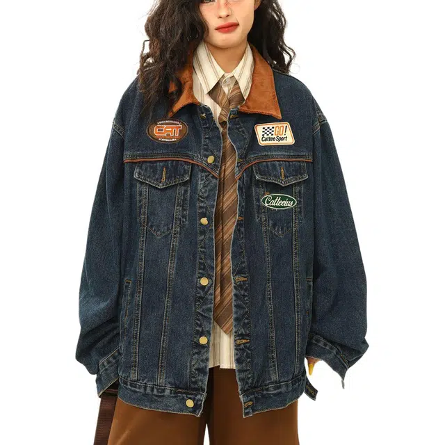 小卷要加油 秋季美式复古机车潮牌翻领夹克宽松帅气上衣牛仔外套 男女同款