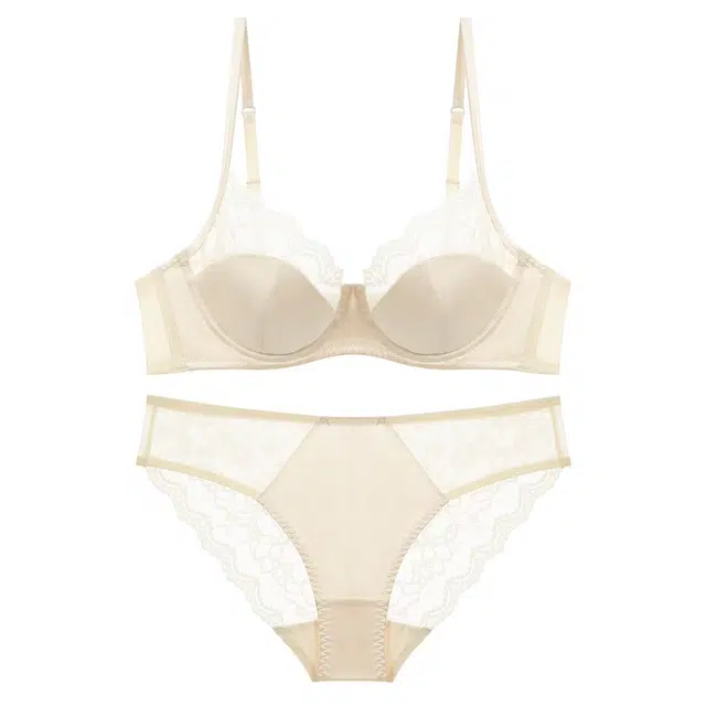 皇室品轩 法式女性感薄款色丁拼接蕾丝大胸显小防下垂大码文胸内衣裤套装 女款