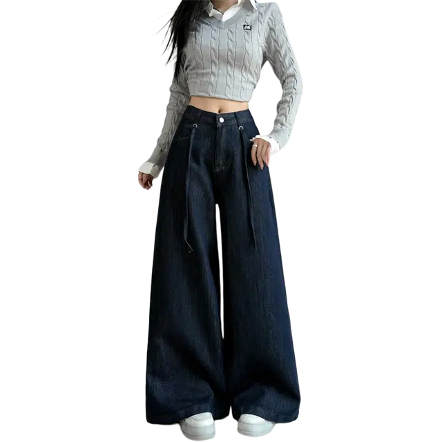 宝米卡 韩版高腰收跨垂感显瘦时尚个性小抽绳直筒长裤宽松通勤筒喇裤阔腿牛仔裤 男女同款