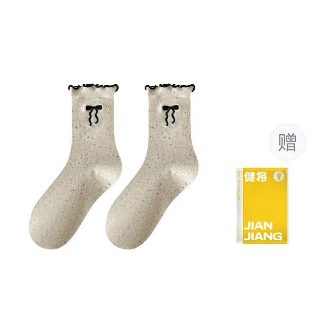 健将 高弹袜口花边文艺舒适亲肤袜子吸汗居家百搭堆堆袜透气柔软休闲排汗学院蝴蝶结波点少女心堆堆袜中筒袜 女款