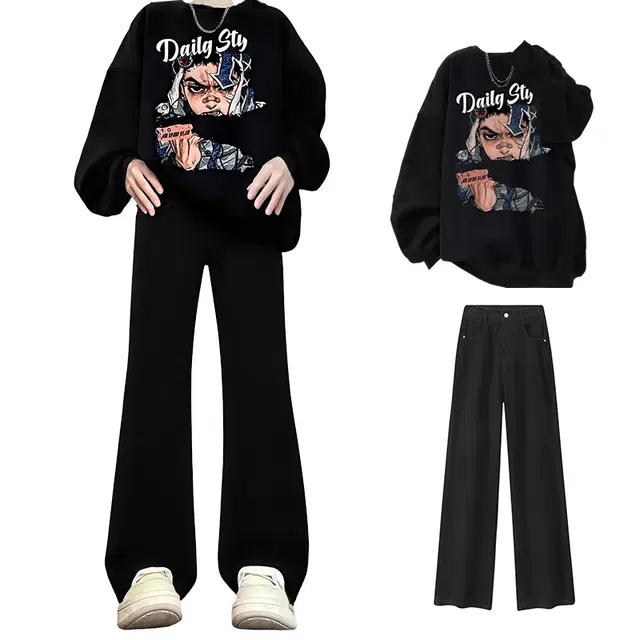 布客行 免搭配一套美式复古卡通字母印花重磅套头落肩袖上衣百搭水洗黑色显高显瘦弯刀微喇巴黎柳叶直筒牛仔长裤子休闲卫衣套装 男女同款