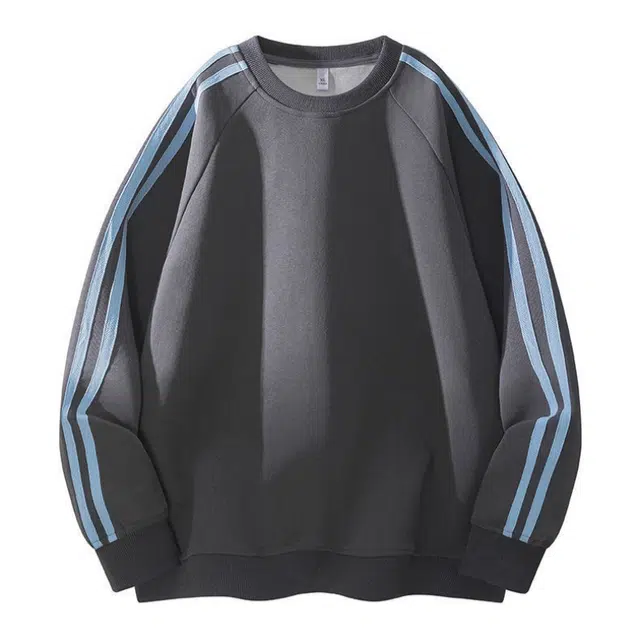 花蔓色 美式复古潮流条纹秋季穿搭圆领正肩重磅宽松休闲简约舒适长袖打底衫卫衣 男女同款