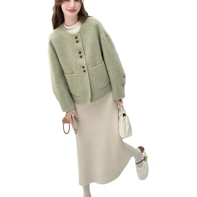 小卷要加油 小香风绿色小个子女秋冬短款高级感韩系爆款气质单面呢外套 女款