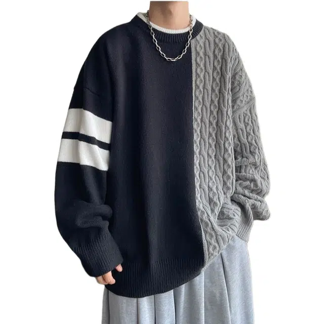 大格子与黑猫 潮牌毛衣男秋冬美式宽松拼接撞色港风复古麻花休闲线衣 针织衫 男款