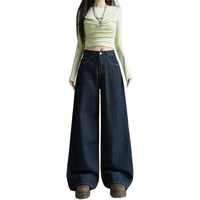 宝米卡 高街气质防褪色垂感宽松阔腿长裤原色百搭简约基础通勤舒适牛仔裤 男女同款