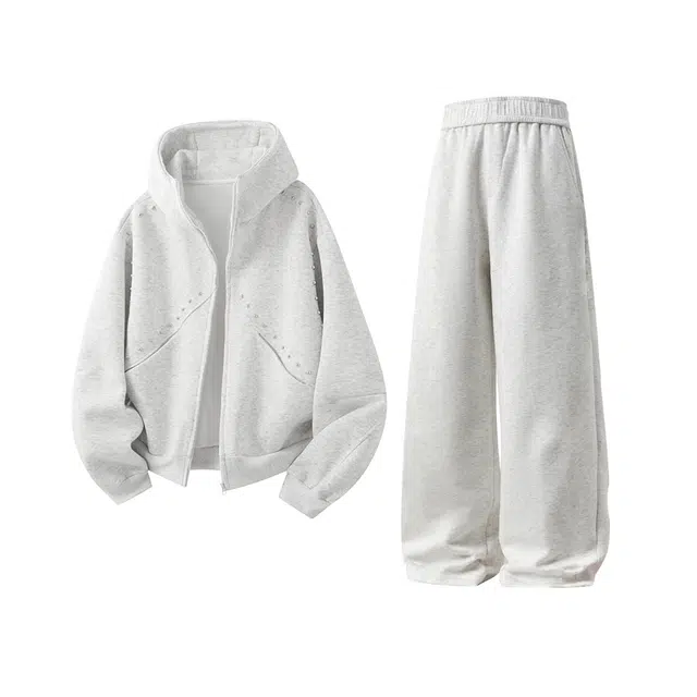 素杭 美式重磅帽衫嘻哈街头金属装饰耳朵甜酷连帽开衫外套搭配基础百搭松紧腰直筒阔腿长裤两件套潮流穿搭一整套休闲运动套装 男女同款