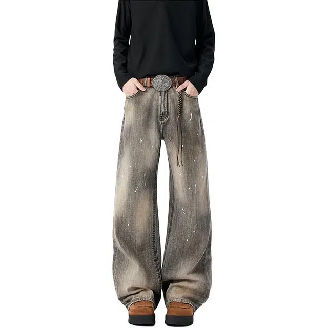 拓菲 美式水洗做旧泼墨弯刀长裤男秋季潮牌高街宽松阔腿拖地牛仔裤 男女同款