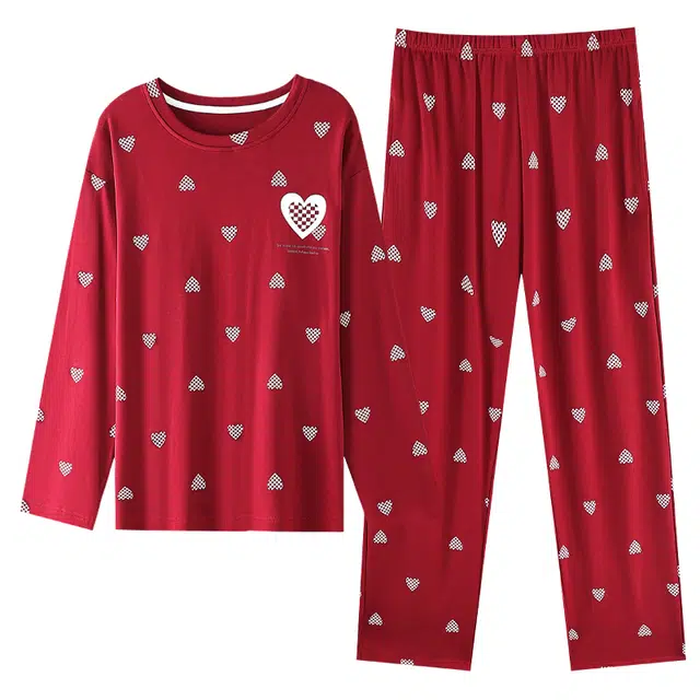 草本初色 纯棉柔软亲肤带胸垫防凹点透气舒适爱心印花家居服两件套睡衣 女款