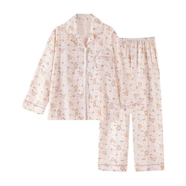 橡柠派 可爱小熊设计感甜美长袖长裤家居服两件套宽松舒适柔软亲肤简约卡通少女感学院风 睡衣套装 女款