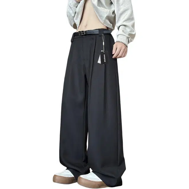 左岸 青少年港风潮流纯色简约百搭宽松直筒长裤柔软舒适轻便透气显瘦微喇阔腿裤春秋季西装裤休闲裤 男款