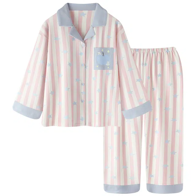 俏霓桐 甜美可爱撞色条纹翻领开衫加绒保暖德绒蓄温长袖长裤家居服可外穿睡衣套装 女款