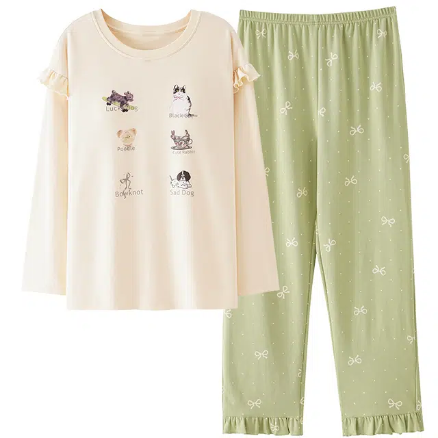 莫代尔 纯棉清新轻盈透气圆领套头宽松显瘦休闲简约自带胸垫防凸点家居服可外穿睡衣套装 女款