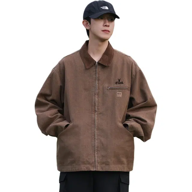 洋气先生 美式复古简约纯色时尚百搭小众高级感潮流痞帅日常通勤运动休闲基础款宽松翻领防风保暖耐磨无性别主义工装外套夹克 男女同款