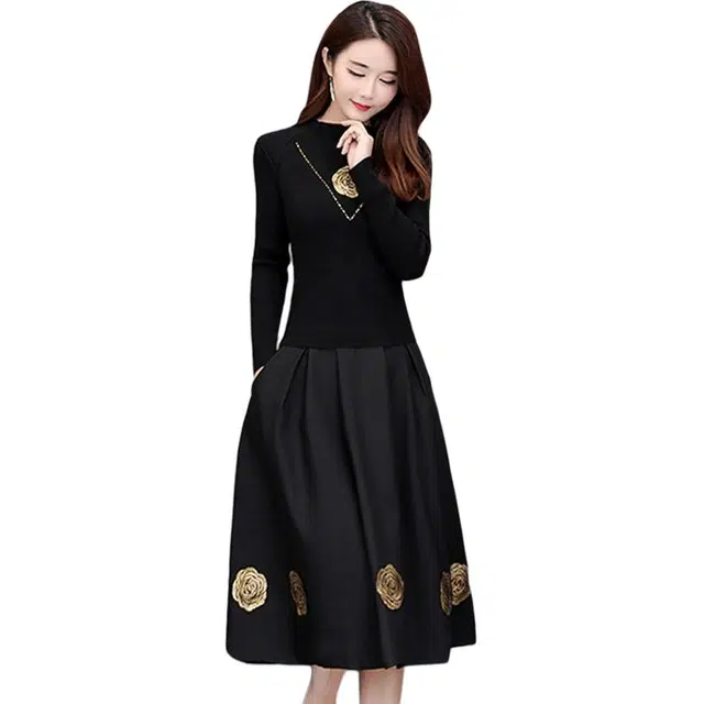 纤丝鸟 时尚优雅气质舒适百搭假两件套装裙子长袖连衣裙 女款