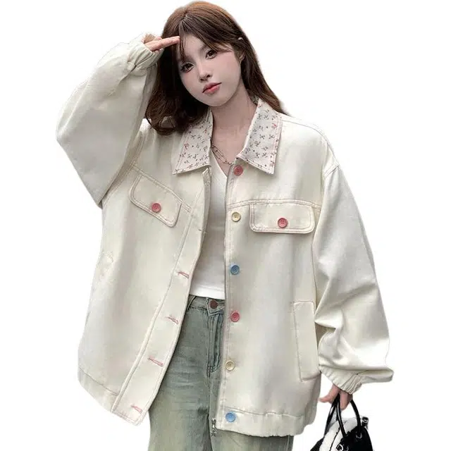 小卷要加油 斜纹仿女爆款春秋设计翻领碎花百搭宽松夹克上衣牛仔外套 女款