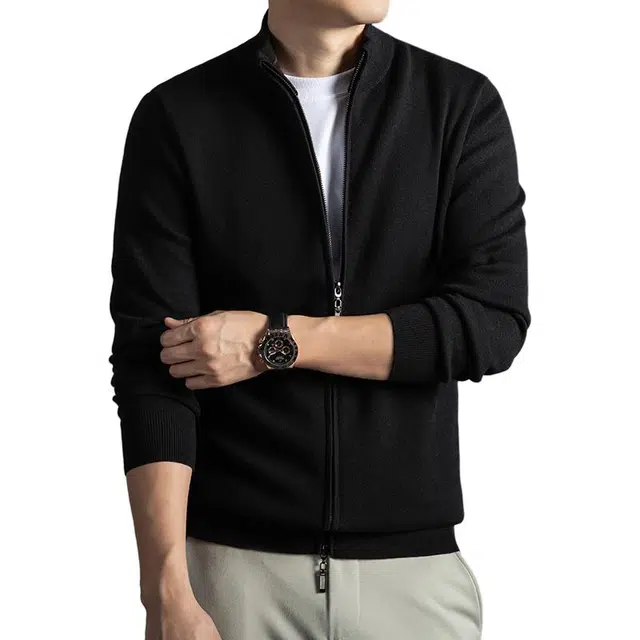 卡丹狄诺 含绵羊毛桑蚕丝男士秋冬季加厚开衫外套男轻奢品质舒适半高领拉链夹克男针织衫 男女同款