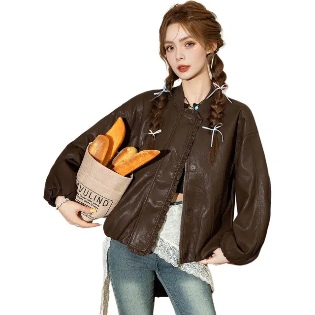 法文箱子 高级感小个子洋气纯色常规长袖圆领休闲皮衣 女款