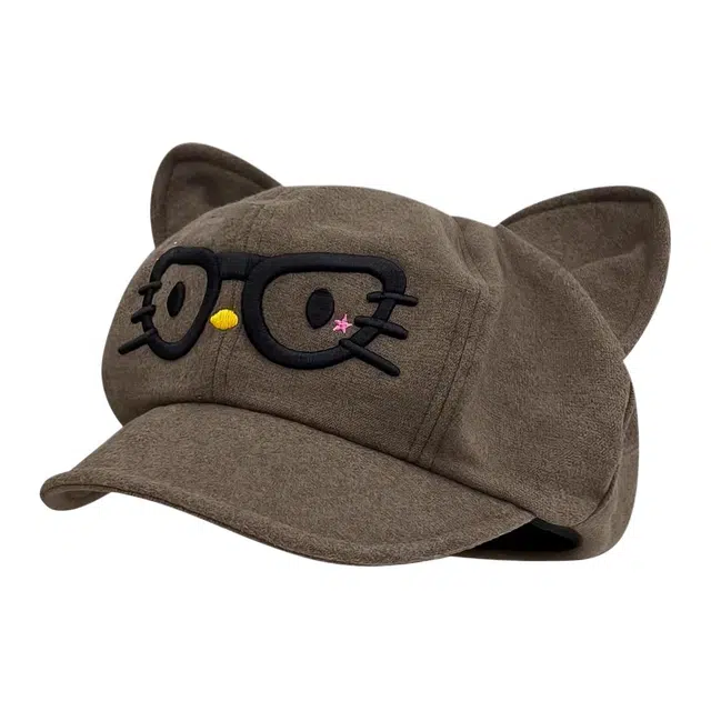 木林森 日系可爱卡通眼镜猫咪耳朵大头围显脸小复古 棉 贝雷帽 男女同款情侣款
