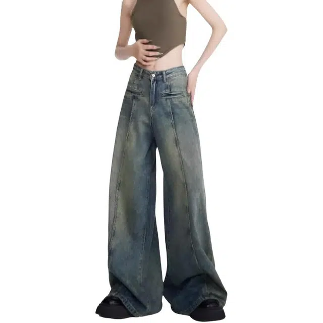 大格子与黑猫 美式宽松阔腿高街重磅拼接拖地复古设计感长裤子牛仔裤 男女同款