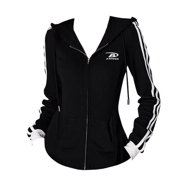 小卷要加油 美式辣妹风条纹连帽卫衣外套女秋冬薄款修身显瘦拉链上衣长袖开衫 女款