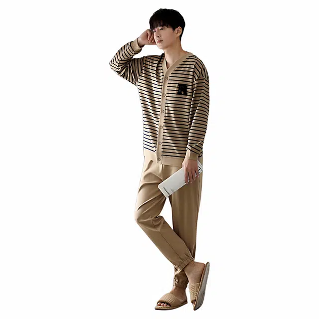 潞优野 高级感衣男士春秋款秋季纯棉长袖家居服男秋冬季加大码装睡衣套装 男款