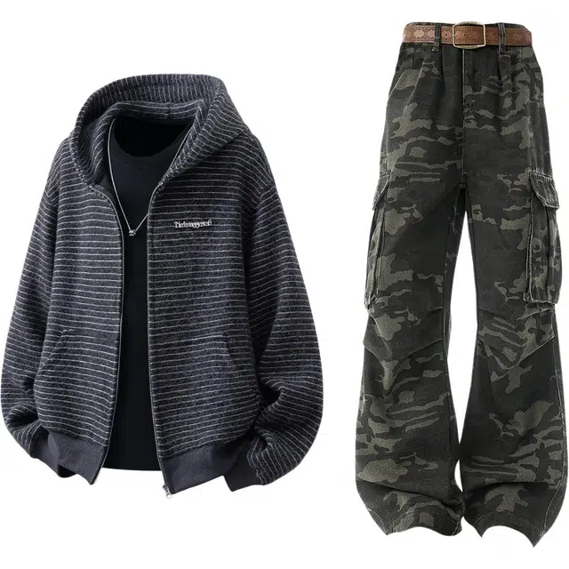 梓润格 秋季美式潮流复古条纹连帽外套时尚小众街头感宽松百搭柔软舒适日常无性别主义嘻哈高街长裤休闲运动套装 男女同款