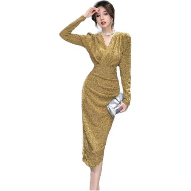 纤丝鸟 优雅温柔风轻奢包臀气质名媛收腰开叉高级感长袖连衣裙 女款