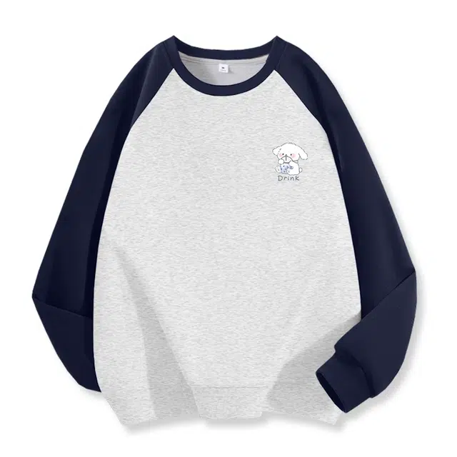 棉致 奶茶小狗涂鸦时尚百搭潮流个性撞色拼色插肩休闲简约无性别主义舒适柔软圆领长袖卫衣 男女同款