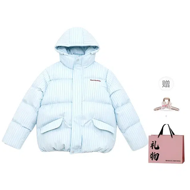 柏黛妃 韩版条纹面包服外套宽松保暖棉衣潮学院风甜美连帽棉服 女款