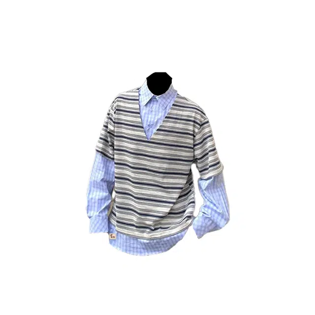 笔杏 韩系风格小众设计假两件条纹美式拼接潮牌痞帅时尚休闲宽松舒适百搭日常通勤欧式学院风港式上衣衬衫 男女同款