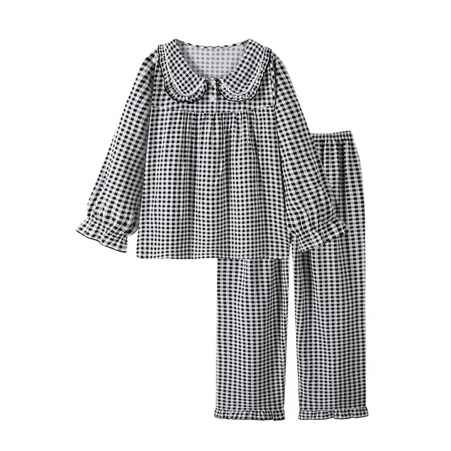 橡柠派 黑白格设计感甜美高级感舒适长袖长裤两件套居家格子娃娃领少女风学生睡衣套装 女款