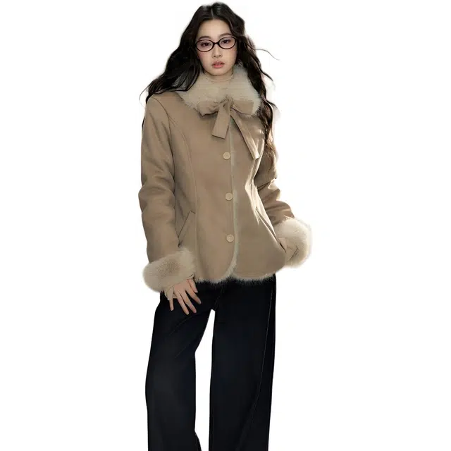 小卷要加油 蝴蝶结撞色收腰皮毛一体绒感外套 女款