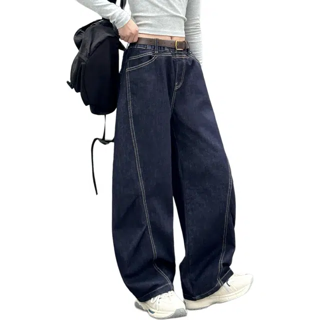黑恐龙 牛仔裤 宽松初中生秋季阔腿裤