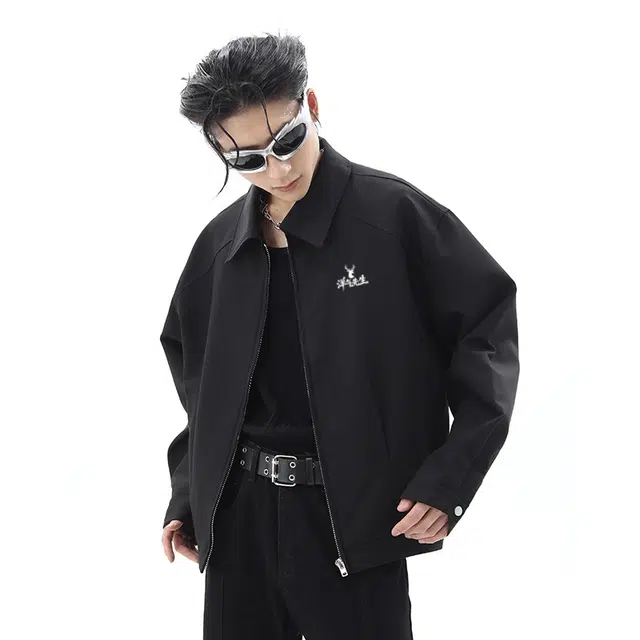 洋气先生 美式复古简约纯色时尚百搭褶皱设计小众高级感潮流痞帅日常通勤运动休闲基础款宽松防风保暖耐磨无性别主义翻领外套夹克 男女同款