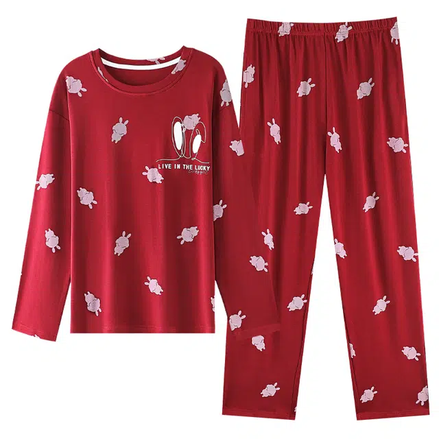 草本初色 纯棉柔软亲肤透气舒适带胸垫防凸点套头长袖两件套家居服可外穿睡衣 女款