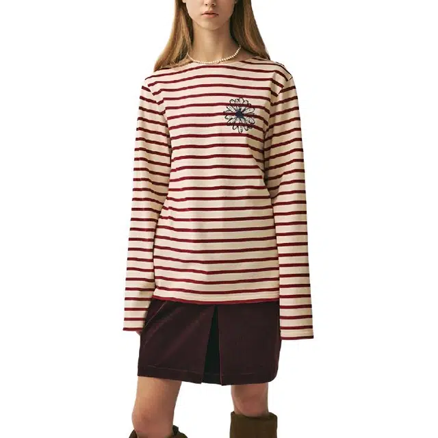 MARDI MERCREDI TSHIRT LONG SLEEVE STRIPE_BURGUNDY NAVY FW25T
