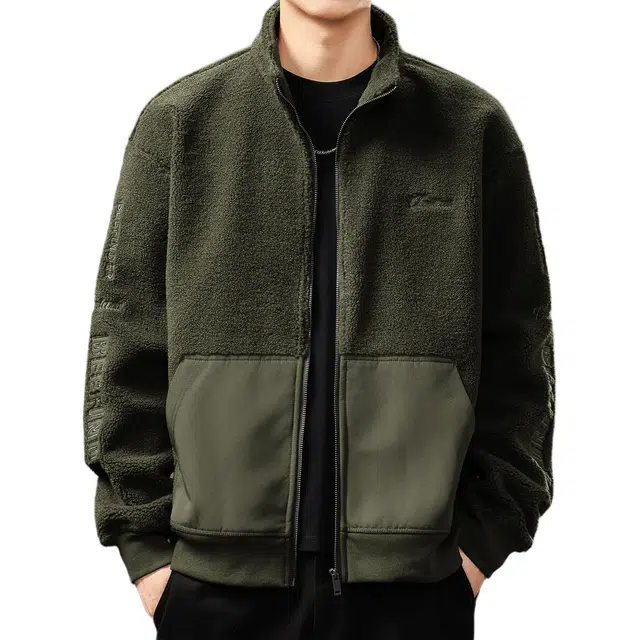 贵色 美式潮流羊羔绒棉长袖舒适柔软潮牌复古风穿搭休闲拼接拼色创意设计休闲立领上衣绒感外套 男女同款