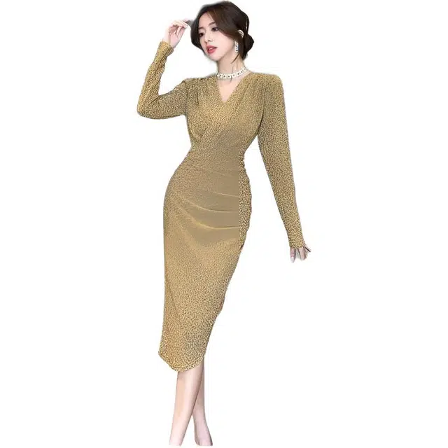 纤丝鸟 温柔风轻奢包臀裙气质名媛收腰开叉高级感礼服长袖连衣裙 女款