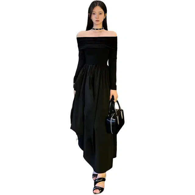 纤丝鸟 美拉德御姐风气质一字肩高冷收腰显瘦韩版长裙长袖连衣裙 女款