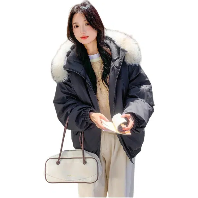 思蓓儿 大毛领派克服工装加厚保暖外套女短款宽松仿兔毛内胆潮港风棉服 女款