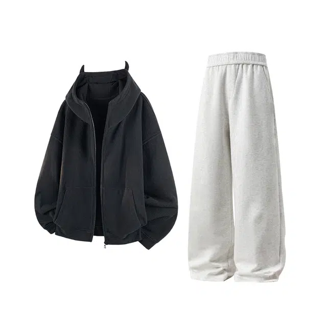 素杭 美式重磅帽衫可爱恶魔角保暖连帽开衫卫衣外套搭配基础松紧腰直筒阔腿裤两件套潮牌穿搭一整套休闲运动套装 男女同款