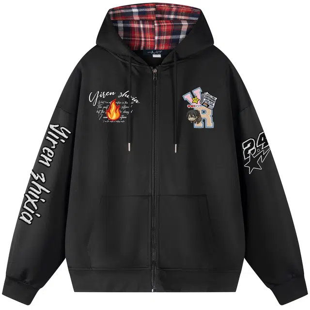 一人之下 美式复古趣味仿刺绣花体签名字母卡通人物潮流宽松落肩长袖时尚日常通勤简约经典撞色格纹帽衫百搭休闲连帽开衫外套卫衣 男女同款
