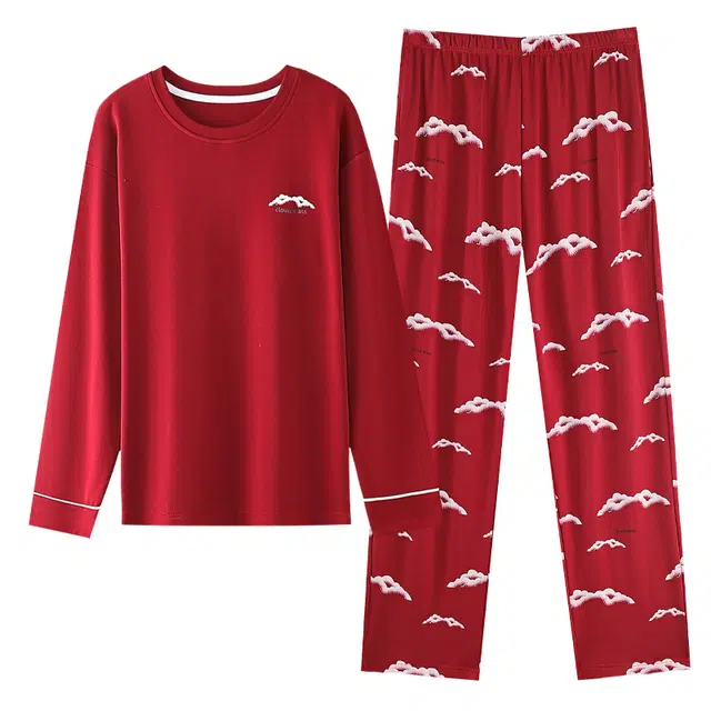 草本初色 纯棉柔软亲肤舒适透气本命年红色带胸垫套头长袖可外穿两件套睡衣 女款