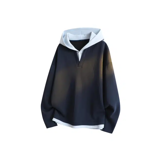 虫小绿 美式复古潮牌撞色拼接假两件套头上衣外套宽松休闲打底衫春秋款潮流通勤舒适百搭情侣重磅连帽卫衣 男女同款