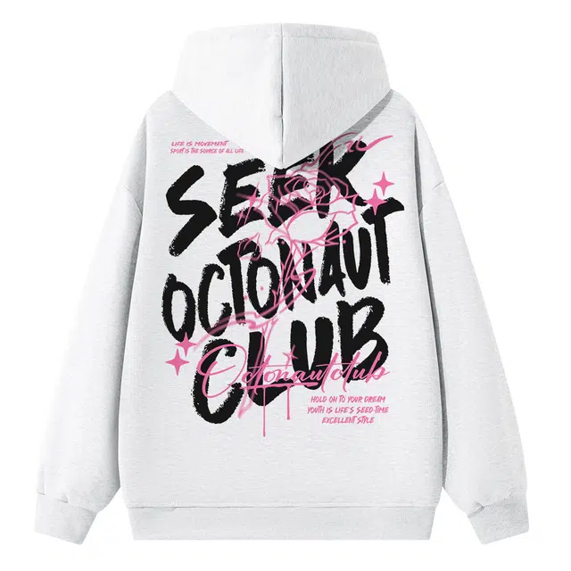 海底小纵队 重磅春秋冬季必备美式高街创意潮牌字母线条艺术玫瑰简约基础款印花套头连帽上衣落肩袋鼠口袋百搭宽松潮流卫衣 男女同款