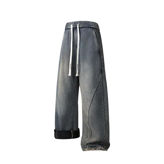 吾皇猫 美式高街潮牌水洗做旧直筒弯刀裤加绒加厚保暖宽松百搭舒适休闲日常通勤牛仔裤 男女同款