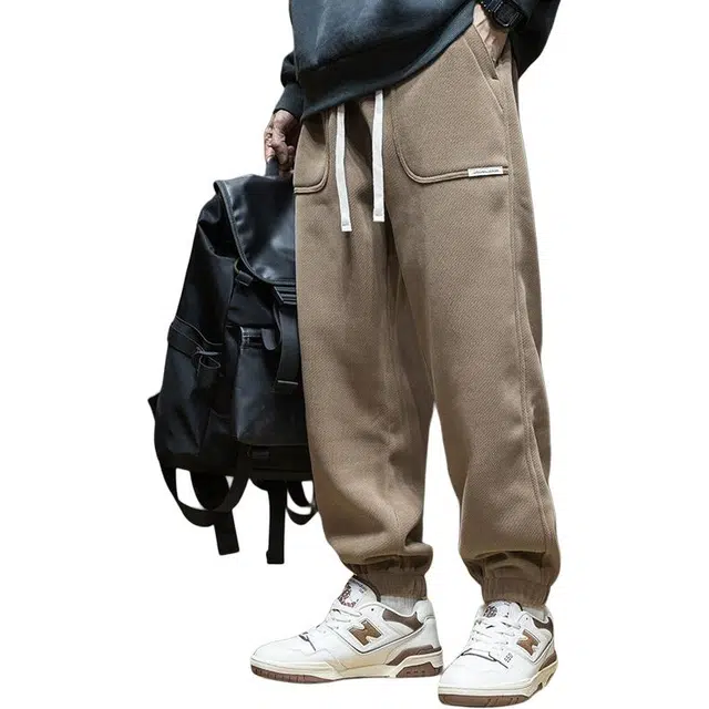 希越 美式日系简约雪尼尔运动束脚长裤子秋冬季奥粒绒宽松大码加绒加厚卫裤推荐休闲裤 男款