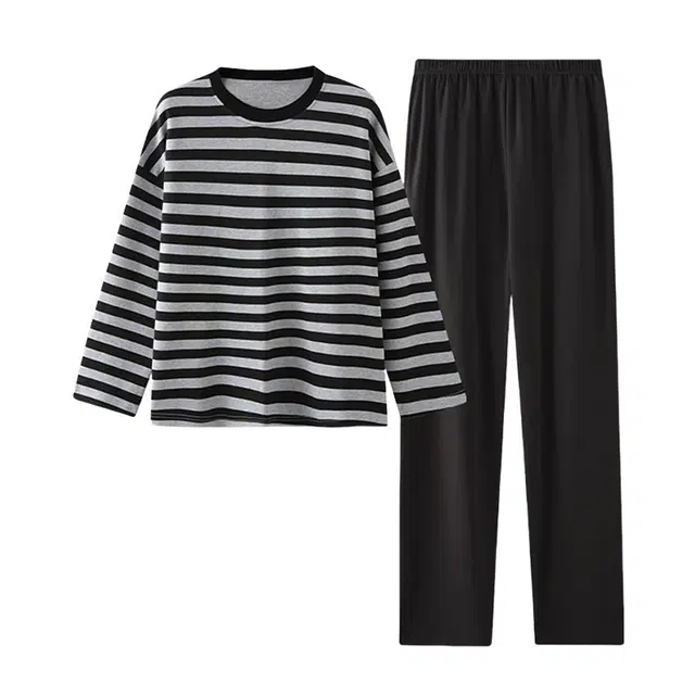 橡柠派 亲肤舒适条纹长袖长裤两件套休闲居家服简约高级感小清新睡衣套装 男女同款