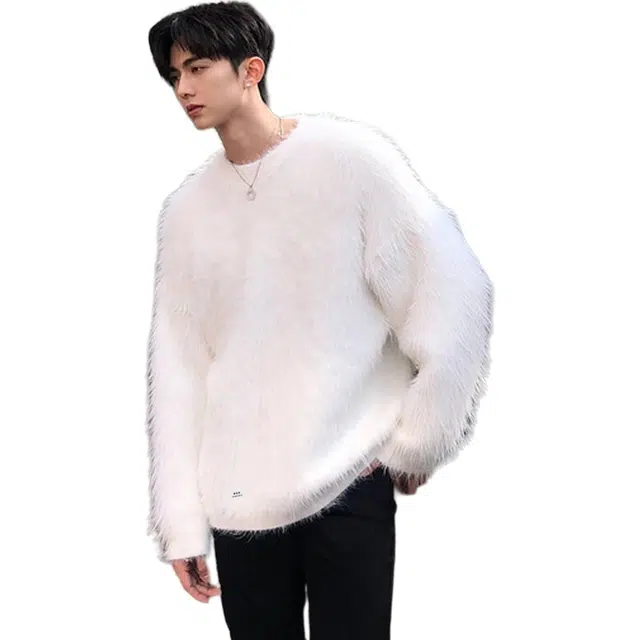 徐百货 小众设计感无性别纯色圆领软糯打底衫慵懒风仿貂毛宽松套头上衣毛衣 男女同款